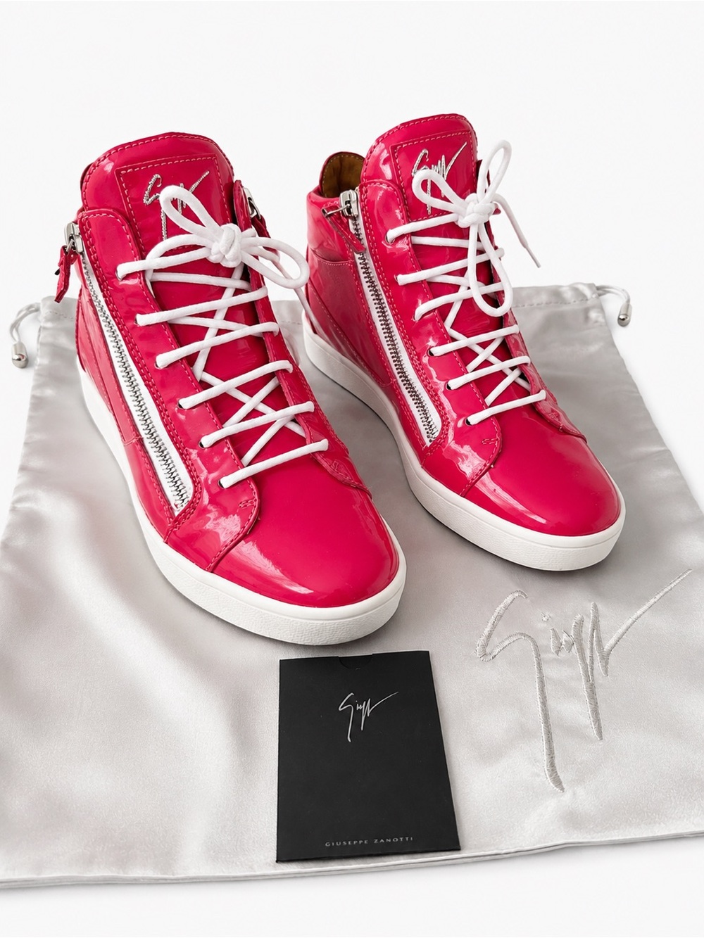 Giuseppe Zanotti Patent Hot Pink High-Top Sneakers with White Soles